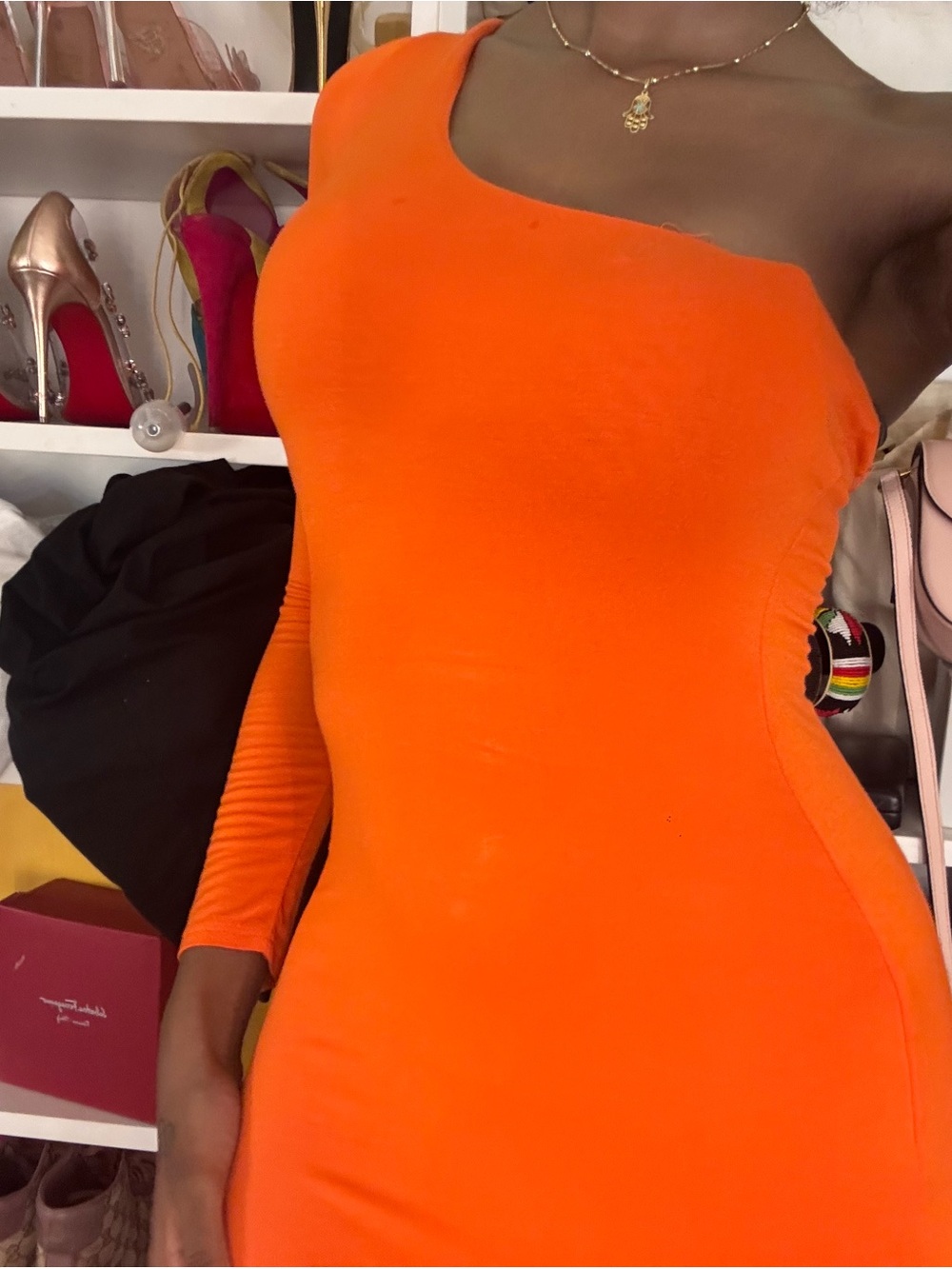 JLUXLABEL One-Shoulder Asymmetrical Orange Bodycon Dress